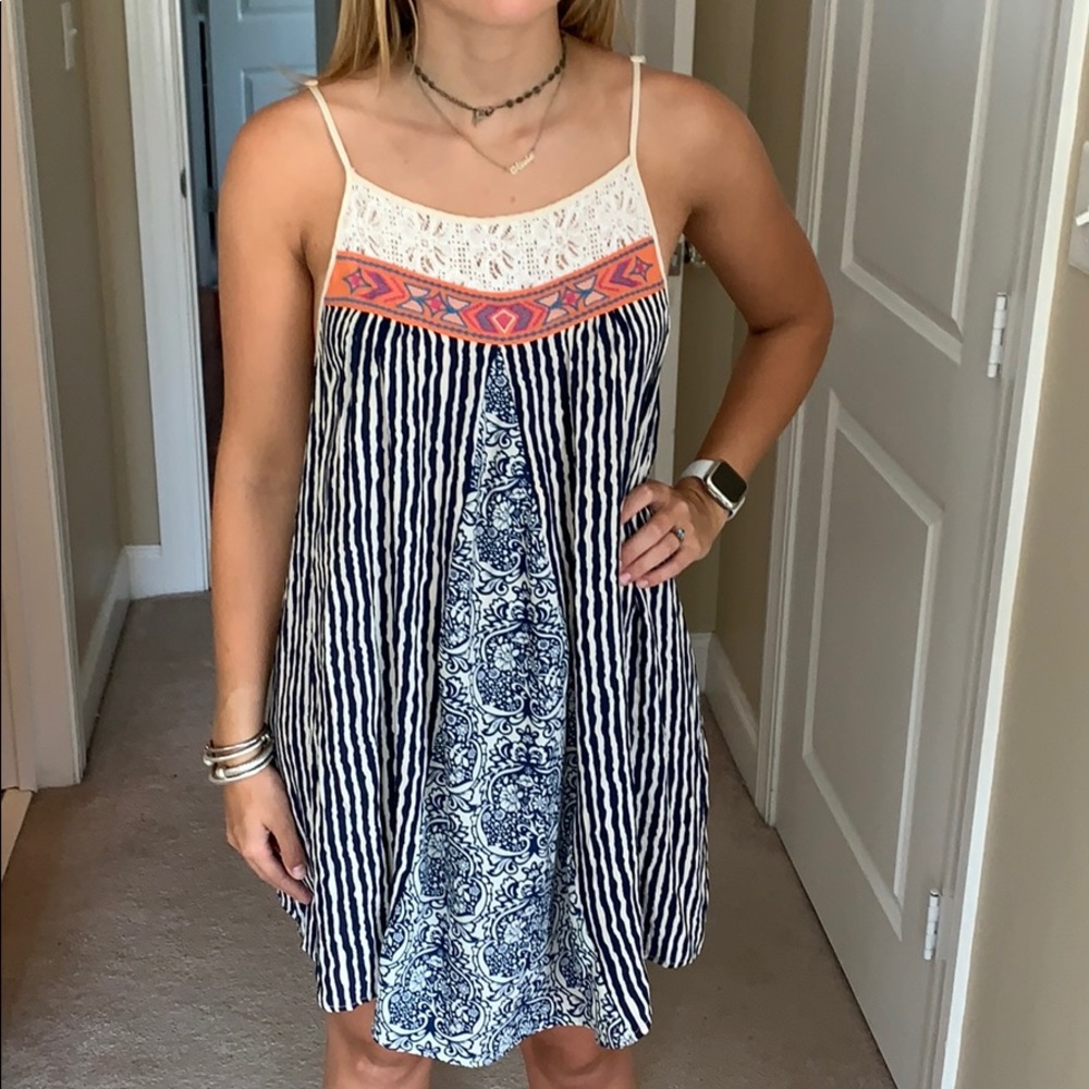 Blue and white striped shift dress